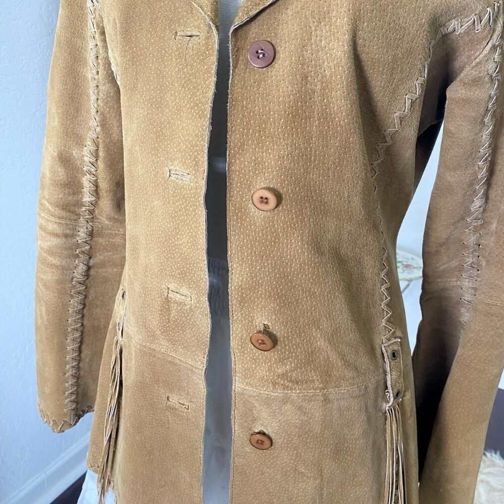 Vintage Tan Brown Suede Western Fringe Whipstitch Split Sleeve Leather Jacket M - Picture 4 of 8